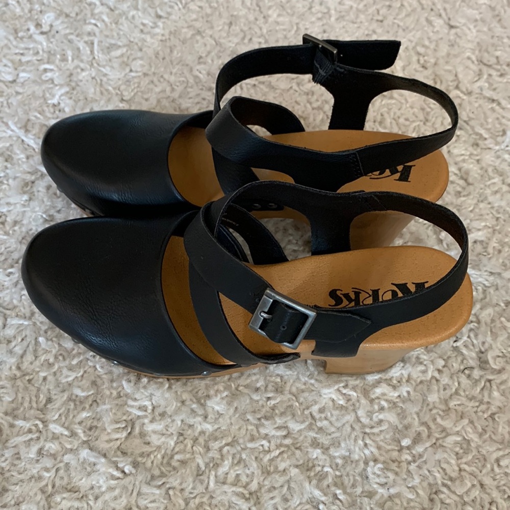 Korks  Sling Back Black Clogs.